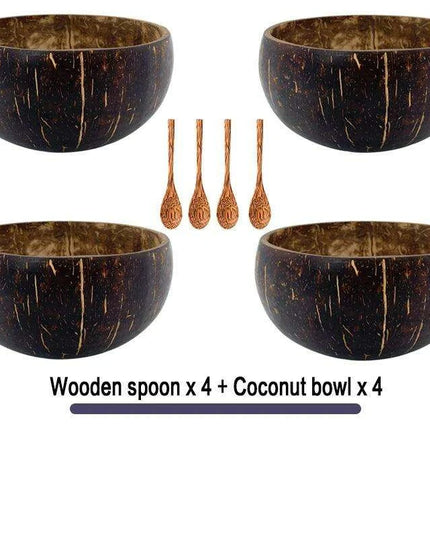 Handcrafted Coconut Bowl Collection with Wooden Spoon - Sustainable Natural Tableware for Salads, Desserts, and More (12-15cm)