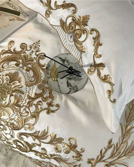 Elegant White Satin and Cotton Embroidered Luxury Bedding Collection with Duvet Cover, Sheets, and Pillowcases
