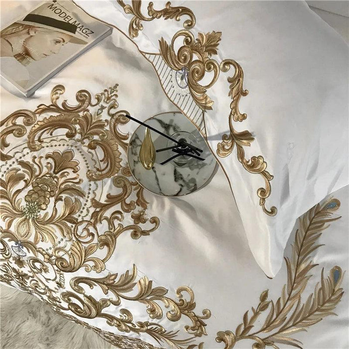 Elegant White Satin and Cotton Embroidered Luxury Bedding Collection with Duvet Cover, Sheets, and Pillowcases