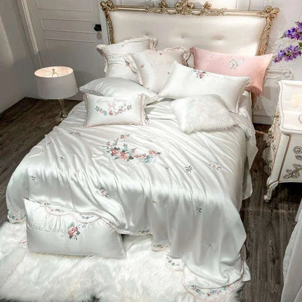 Chic Floral Embroidered Eucalyptus Fiber Bedding Collection - Available in Queen & King Sizes, Includes Duvet Cover, Sheets & Pillowcases