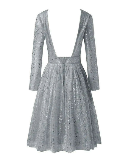 Glistening Silver Lace Maxi Dress - Chic Evening Gown for Special Occasions