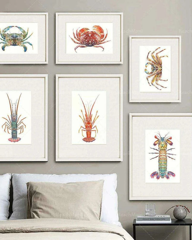Oceanic Watercolor Art Collection - Set of Crab, Lobster & Shrimp Prints for Coastal Home Decor