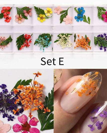 Botanical Beauty Nail Art Set with Dried Floral Accents and Sparkling Rhinestones