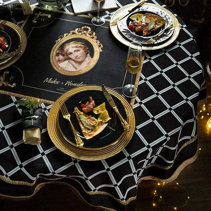 Elegant Black Velvet Dining Table Cover with Exquisite Gold Accents