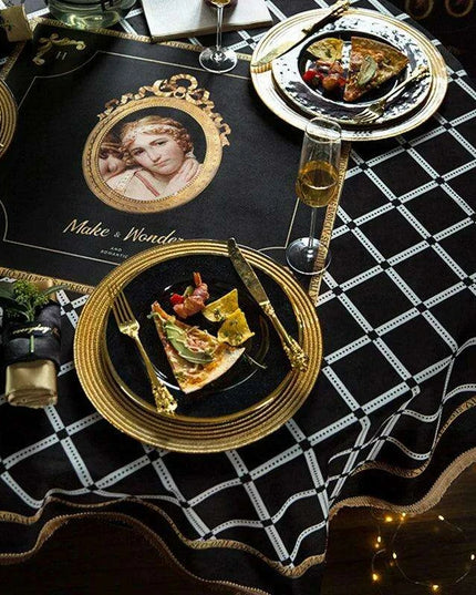 Elegant Black Velvet Dining Table Cover with Exquisite Gold Accents
