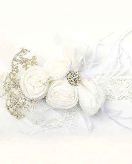 Elegant Vintage Baby Headband with Satin Flower, Feather, and Pearl Details
