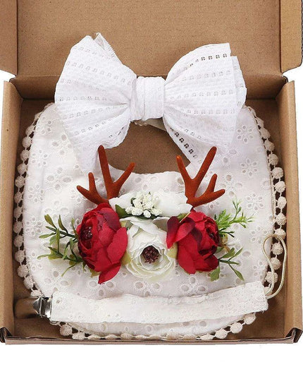 Chic Floral Baby Care Set: Bib, Headband, and Silicone Pacifier Clip in Festive Gift Box