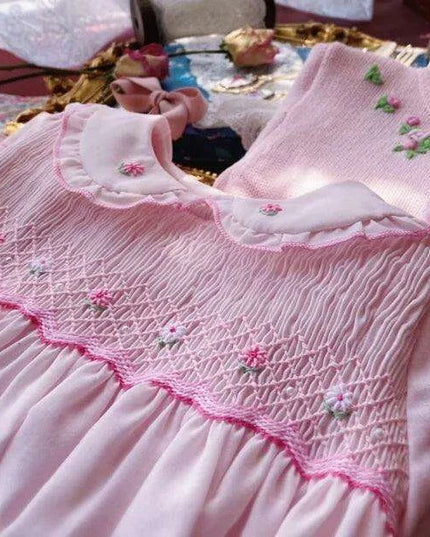 Charming Handmade Long Sleeve Pink Cotton Dress with Floral Embroidery for Girls