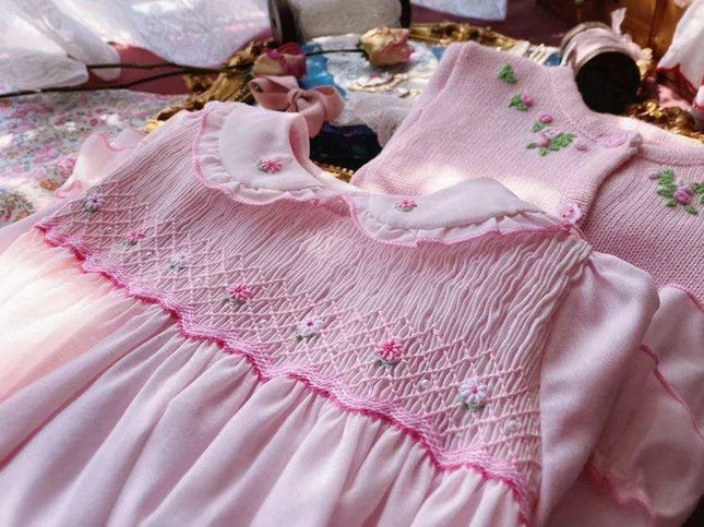 Charming Handmade Long Sleeve Pink Cotton Dress with Floral Embroidery for Girls