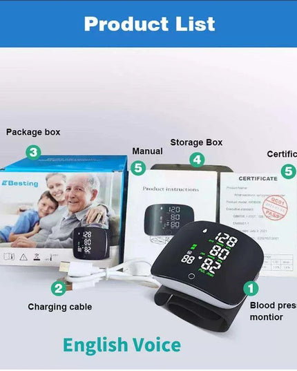 Smart Voice-Controlled Rechargeable Blood Pressure and Heart Rate Monitor with LCD Screen