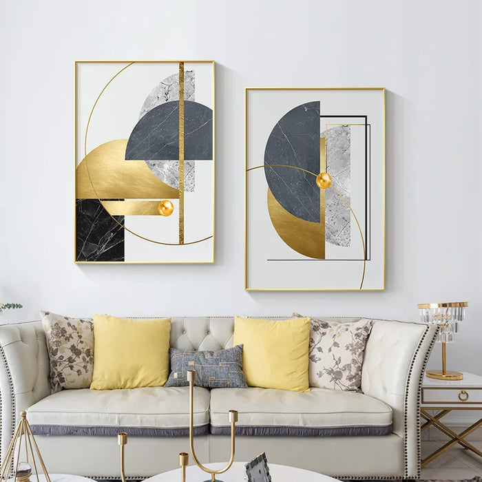 Golden Abstract Geometric Art Canvas Print with Gold Foil Accents - Elegant Home Decor Upgrade