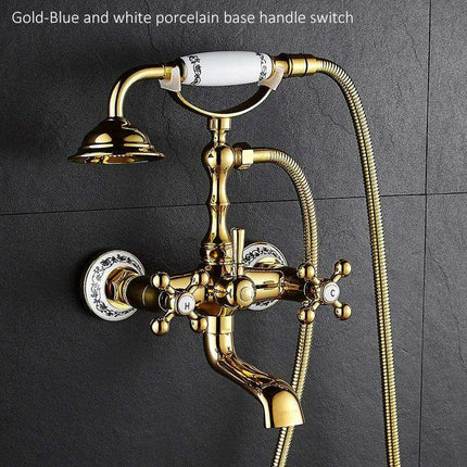 Luxurious Gold Brass Bathtub Faucet with Crystal Accents and Hand Shower