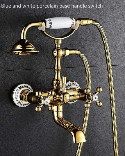 Luxurious Gold Brass Bathtub Faucet with Crystal Accents and Hand Shower