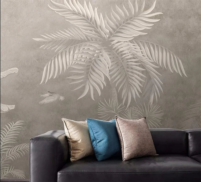 Custom European Black and White Hand-Painted Rainforest Banana Palm 3D Wallpaper