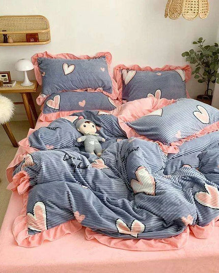 Opulent Velvet Striped Fleece Bedding Ensemble - 3 or 4 Piece Set with Ruffled Duvet Cover and Flannel Sheets