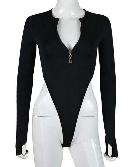 Fall & Winter Women's Fashion Bodysuit - Solid Zipper Long Sleeve Slim Fit Sexy