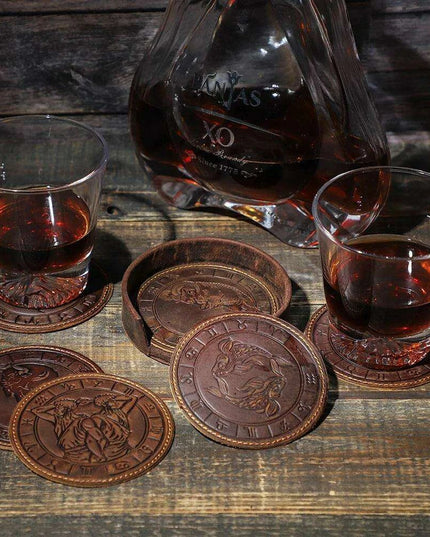 Astrological Elegance Leather Drink Coasters - Set of 6 with Distinct Zodiac Patterns