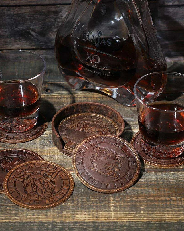 Astrological Elegance Leather Drink Coasters - Set of 6 with Distinct Zodiac Patterns