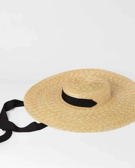 Stylish Wide Brim Straw Hat with Ribbon Tie for Women - 15cm Beach Cap in White and Black