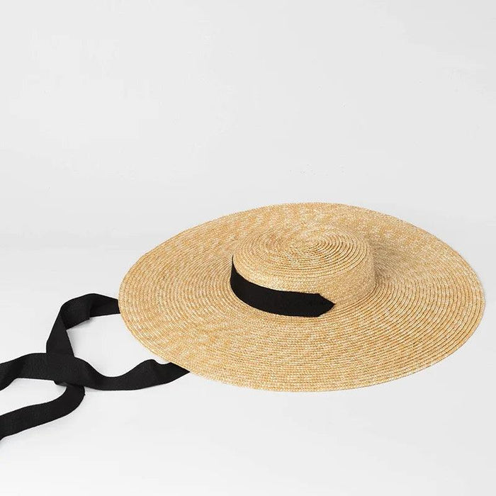 Stylish Wide Brim Straw Hat with Ribbon Tie for Women - 15cm Beach Cap in White and Black
