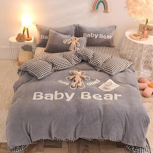 Cozy Plush Velvet Flannel Fleece Bedding Set with Adorable Toy Beardecorate - Complete Duvet Cover, Sheet, and Pillowcase Collection for Full, Queen, and King Beds