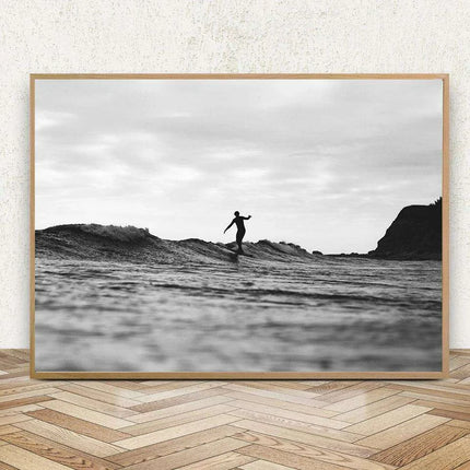 Black and White California Surf Canvas Art - Chic Ocean Decor with Customizable Borders for Contemporary Spaces