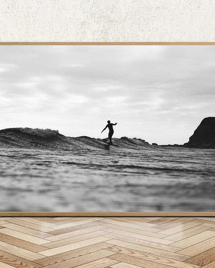 Black and White California Surf Canvas Art - Chic Ocean Decor with Customizable Borders for Contemporary Spaces