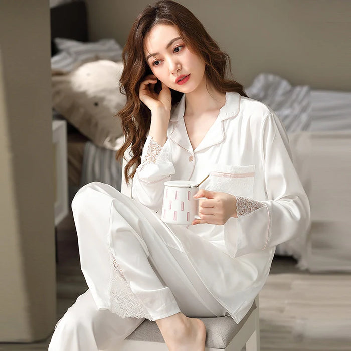 Ethereal Pink Ice Silk Pajama Set - Luxurious Bedroom Sleepwear with Lace Accents