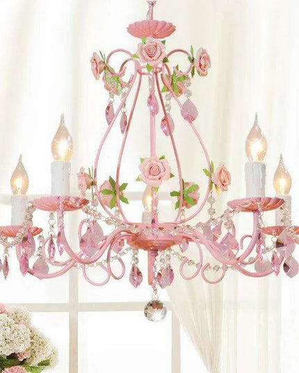 Chic Pink Crystal Pendant Light - Modern Iron Chandelier for Stylish Girls' Bedrooms and Living Areas with E14 LED Compatibility