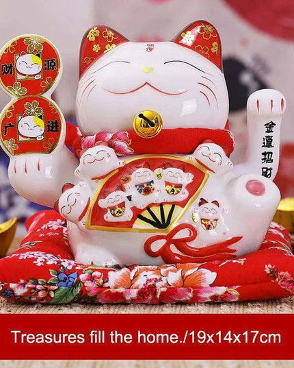 Ceramic 7.5-Inch Maneki Neko Cat Figurine with Swinging Arm for Attracting Abundance and Good Fortune