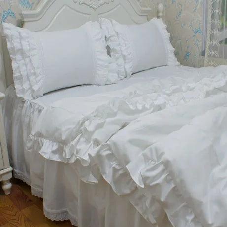 Lavish Embroidered White Cotton Bedding Set with Delicate Lace Trim