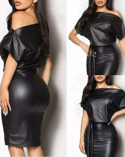 Women’s Sexy Black PU Leather Off-Shoulder Bodycon Dress with Batwing Sleeves