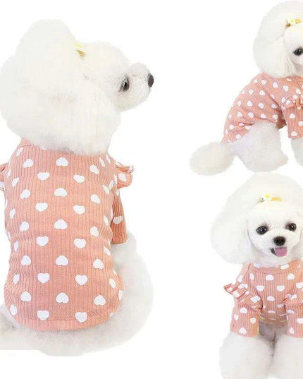 Adorable Heart-Printed Small Dog Hoodie - Soft Cotton in Pink, Beige, and Gray