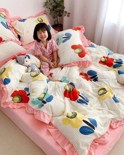 Opulent Velvet Striped Fleece Bedding Ensemble - 3 or 4 Piece Set with Ruffled Duvet Cover and Flannel Sheets