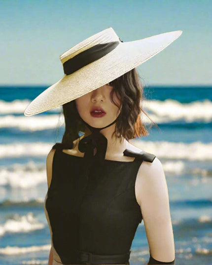Stylish Wide Brim Straw Hat with Ribbon Tie for Women - 15cm Beach Cap in White and Black