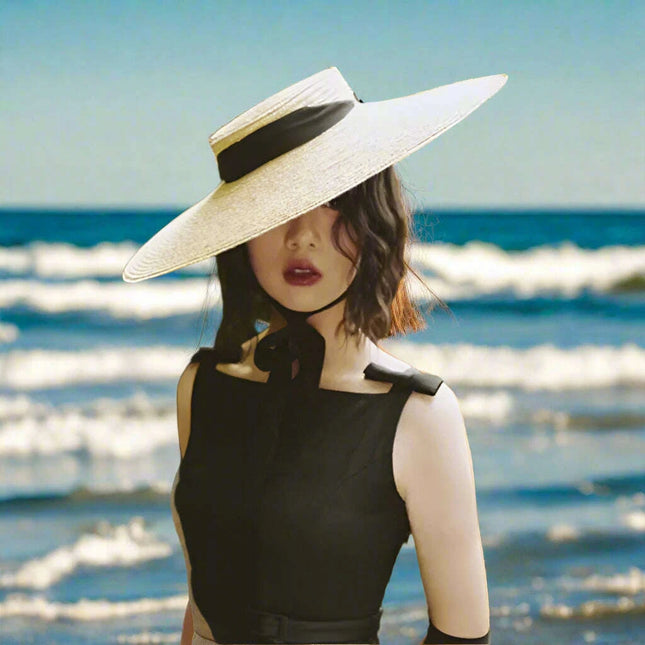 Stylish Wide Brim Straw Hat with Ribbon Tie for Women - 15cm Beach Cap in White and Black