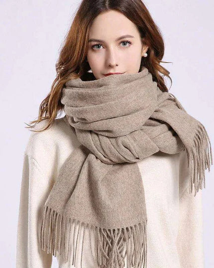 Elegant Beige Wool Scarf with Trendy Tassels - A Must-Have Accessory for Stylish Women