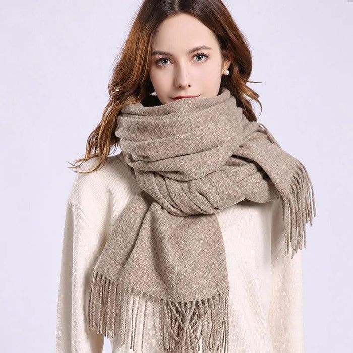 Sophisticated Beige Wool Scarf with Tassel Detail - Stylish Neck Wrap for Women