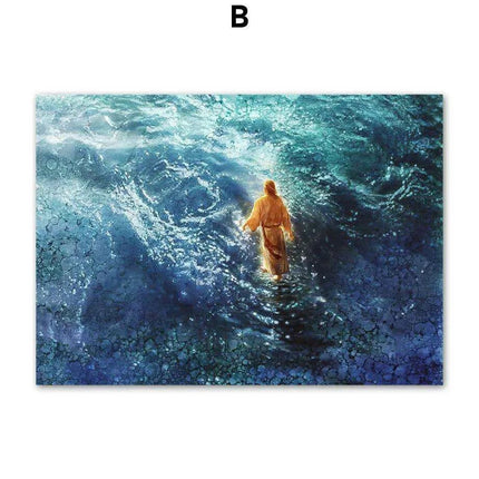 Divine Coastal Serenity: Christ Jesus Nordic Canvas Art for Spiritual Spaces