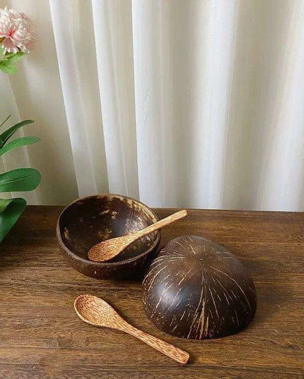 Handcrafted Coconut Bowl Collection with Wooden Spoon - Sustainable Natural Tableware for Salads, Desserts, and More (12-15cm)