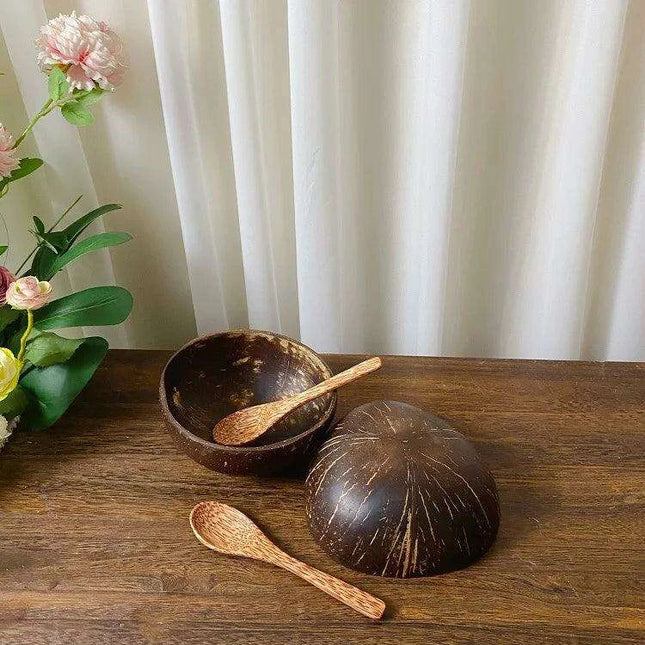 Handcrafted Coconut Bowl Collection with Wooden Spoon - Sustainable Natural Tableware for Salads, Desserts, and More (12-15cm)