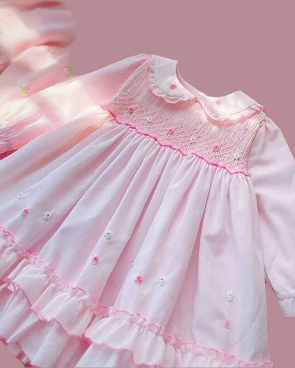 Charming Handmade Long Sleeve Pink Cotton Dress with Floral Embroidery for Girls