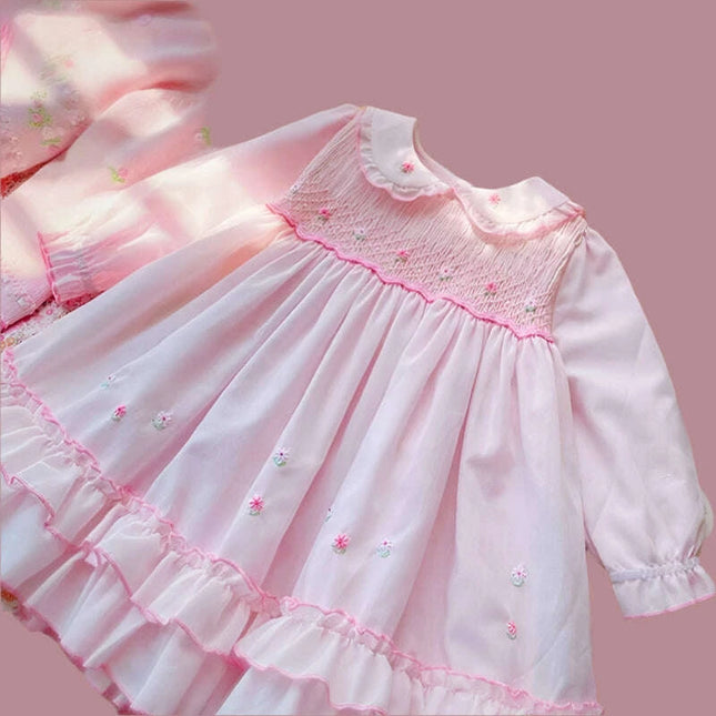 Charming Handmade Long Sleeve Pink Cotton Dress with Floral Embroidery for Girls