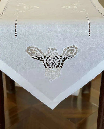 Elegant Camellia Embroidered Hemstitch Table Runner: Luxurious White Floral Design