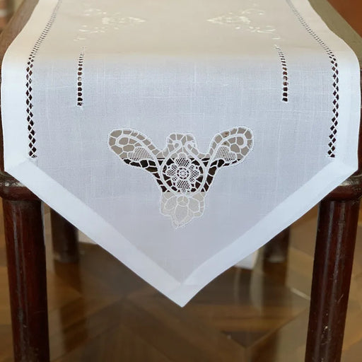 Camellia Elegance: Handcrafted White Hemstitch Table Runner in Linen Look - Available in 16x45" or 16x72" Size