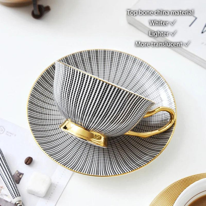Elegant Gray Bone China Tea Set with Gold Accents - 200ml Cup, Saucer & Spoon Collection
