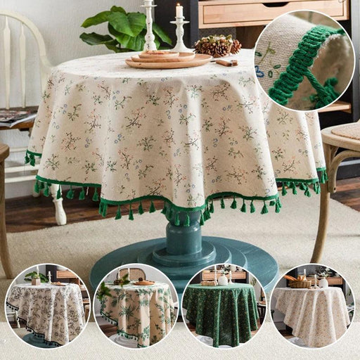 Elegant Floral Print Cotton Linen Table Cover with Tassel Trim - Round Protector