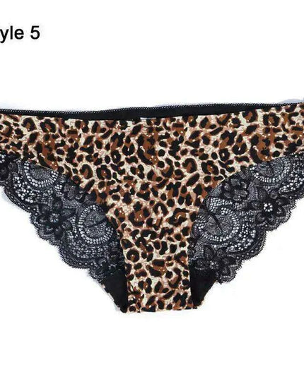 Women’s Leopard Print Lace Trim Seamless Cotton Panties - Breathable Ice Silk Lingerie
