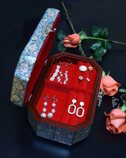 Opulent Two-Tier Jewelry Storage Box with Mother-of-Pearl Detailing and Integrated Mirror