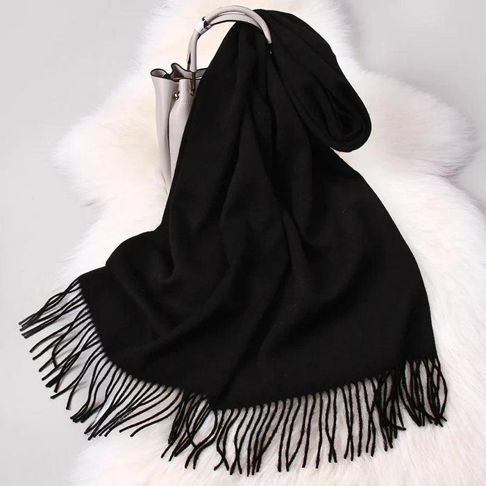 Elegant Tassel-Trimmed Lamb Wool Wrap - Luxe Winter Scarf for Fashionable Warmth